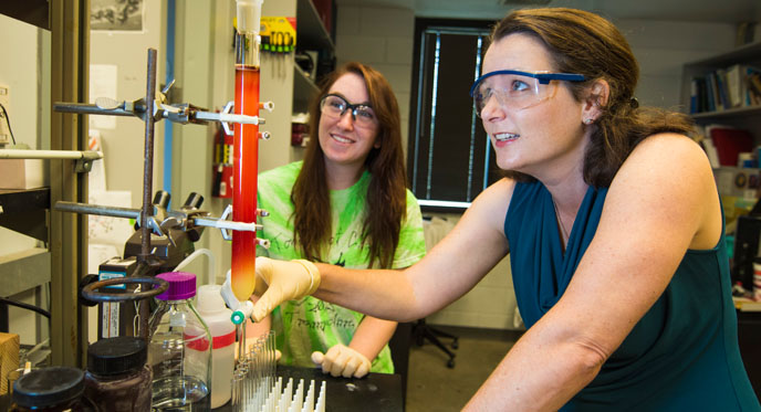 Anne Gorden working in the lab with student assisting