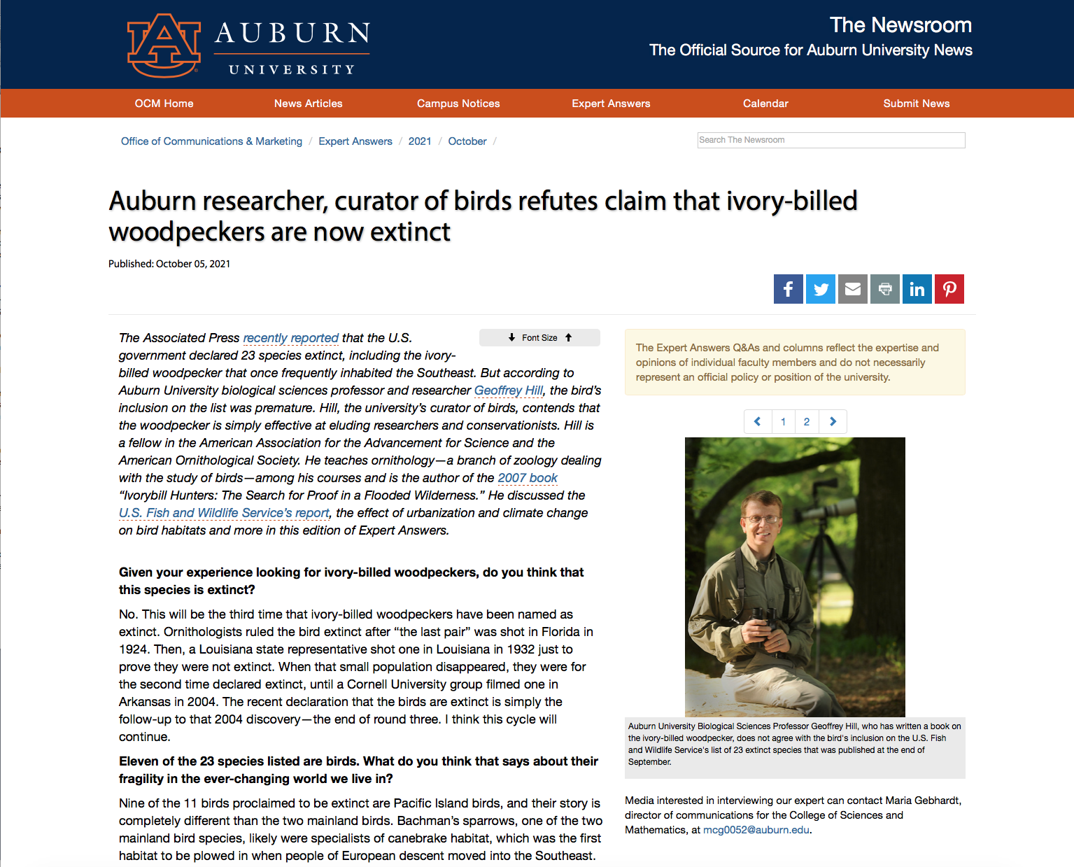 Screen shot of article featuring Geoff Hill