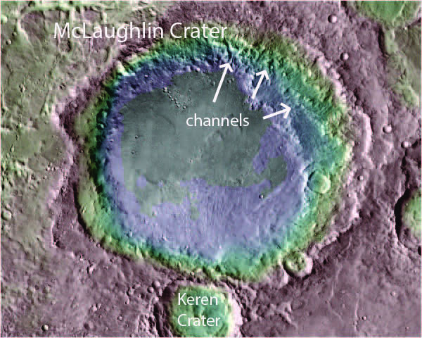 Mclaughlin Crater on Mars showing channels on it's exterior