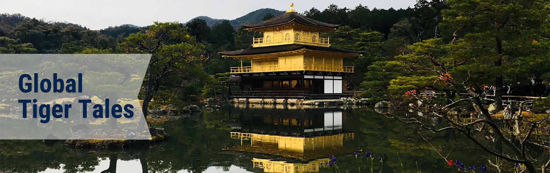 Global Tiger Tales - image of lakeside house with asian architecture on the bank and reflected in the water