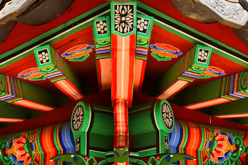 Close up view of ornate Korean architecture