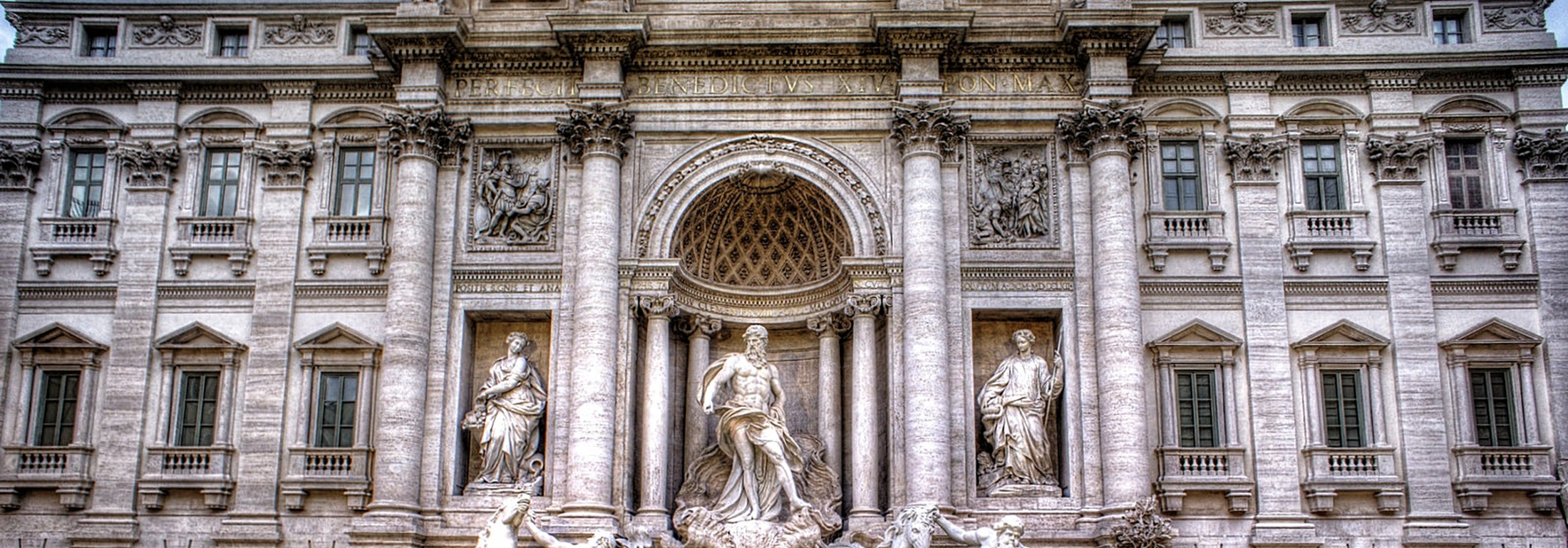 Street view of the Trevi Fountain in Rome, Italy