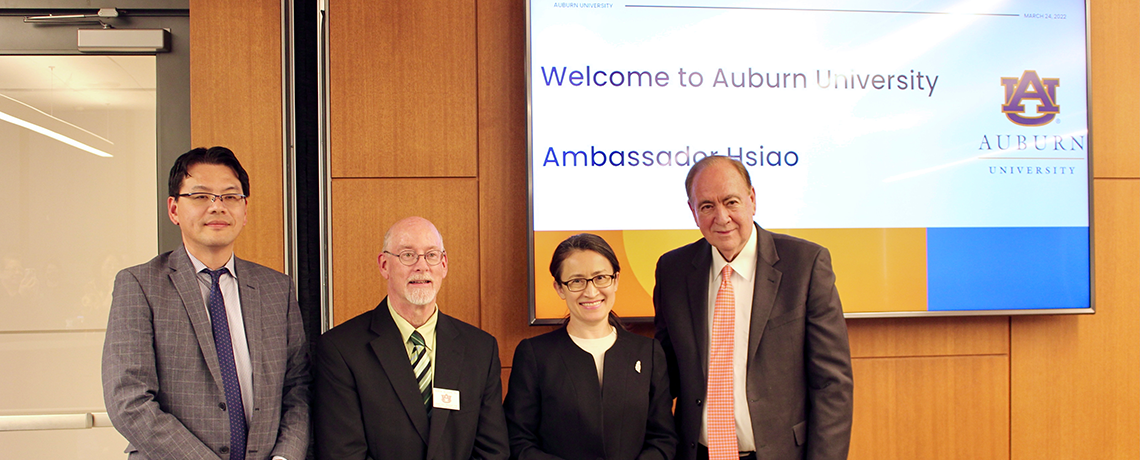 Pictured from left to right: Director-General Elliot Wang, Taipei Economic and Cultural Office, Atlanta; Assistant Provost Andrew Gillespie, Auburn University Office of International Programs; Taiwanese Ambassador Bi-khim Hsiao; President Gogue, Auburn University