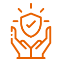 orange icon of hands holding a checkmark