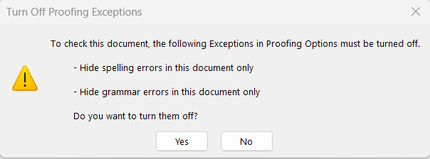 Screenshot of proofing exceptions prompt