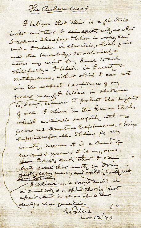Image of George Petrie's draft of the Auburn Creed from 1943