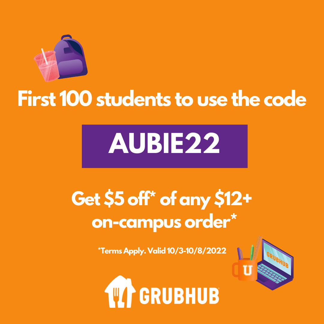 On Campus Grubhub Promotion Code AUBIE22 10/3-10/8