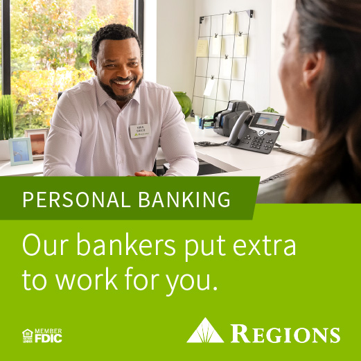 A banker sits at a desk speaking with a customer in a Regions branch. Text reads: 'Personal Banking. Our bankers put extra to work for you.' Followed by Regions, FDIC, and FHA logos.
