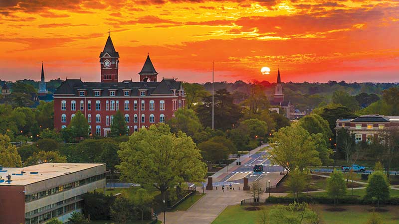 A view of campus at sunset.