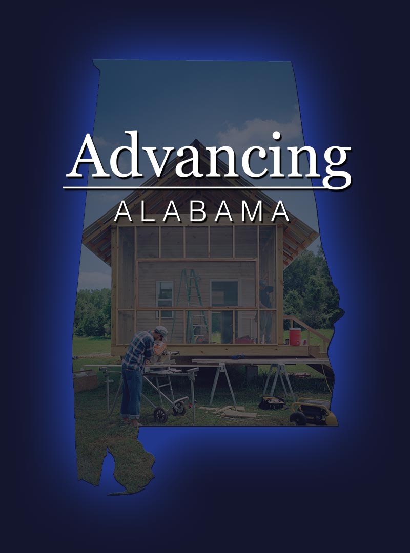 The words Advancing Alabama with a construction project below