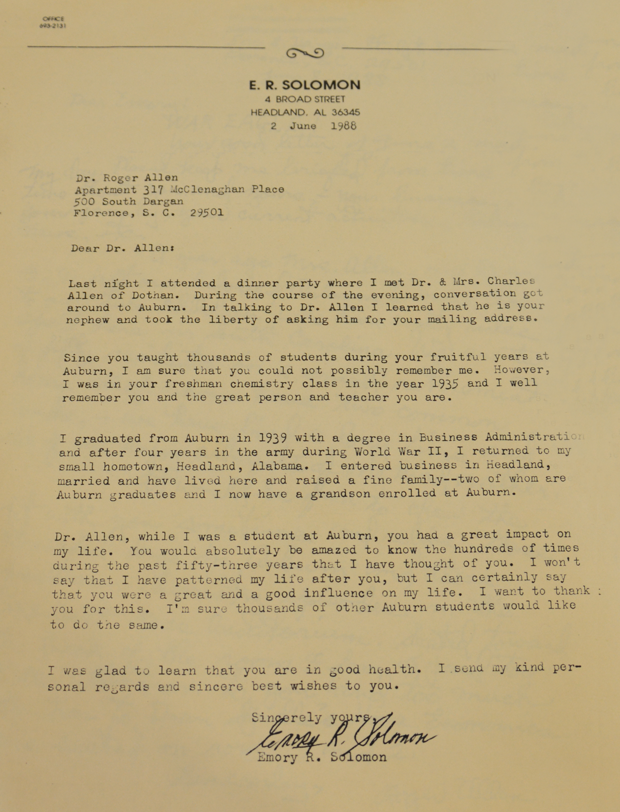 Letter from Student to Dean Roger Allen.