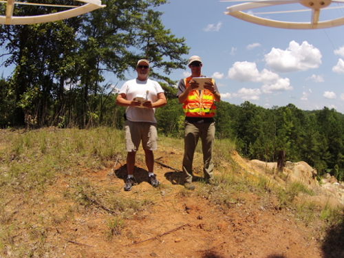 Students using a drone in the field.