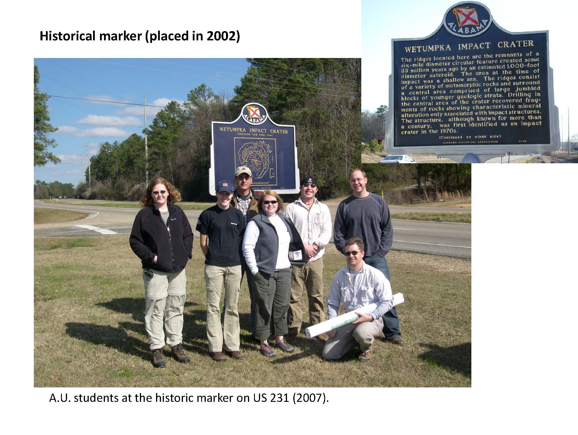 Dr. Kin'gs group in front of the Wetumpka Impact Crater historic marker