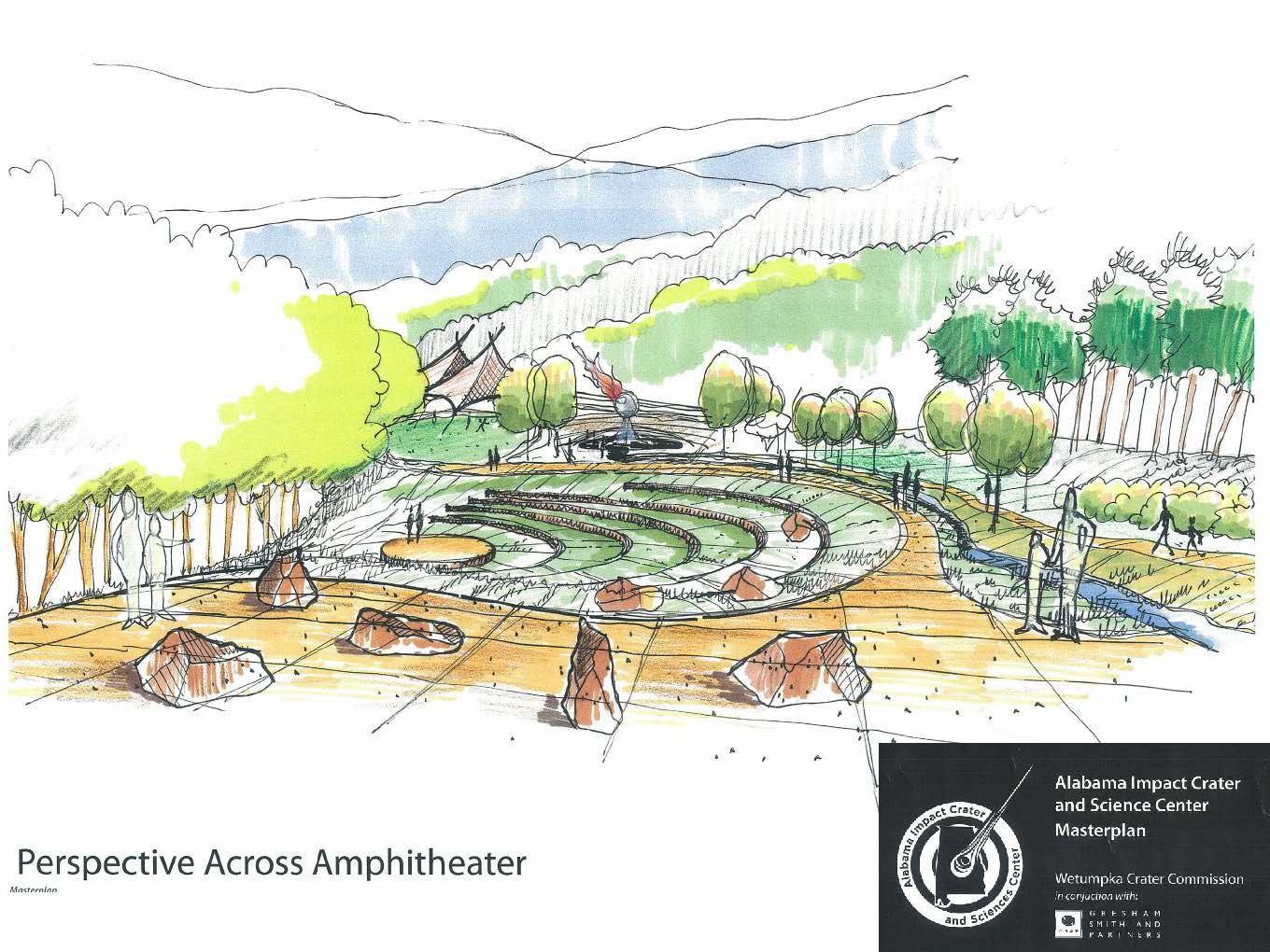 rendering of the plans for the amphitheater at the crater interpretive center section B-B