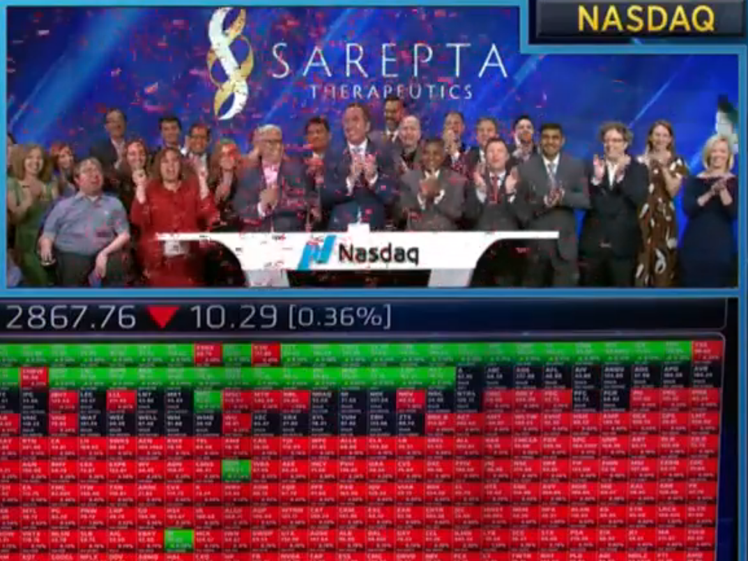 Representatives from Sarepta Therapeutics ringing the opening bell at NASDAQ. 