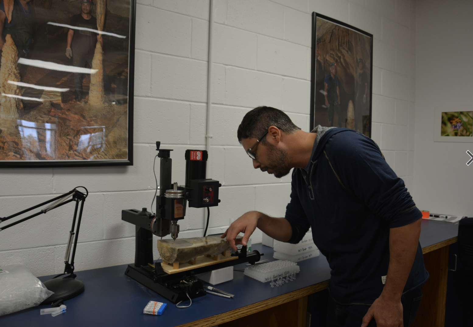 Dr. Martin Medina drilling the stalagmite for samples.