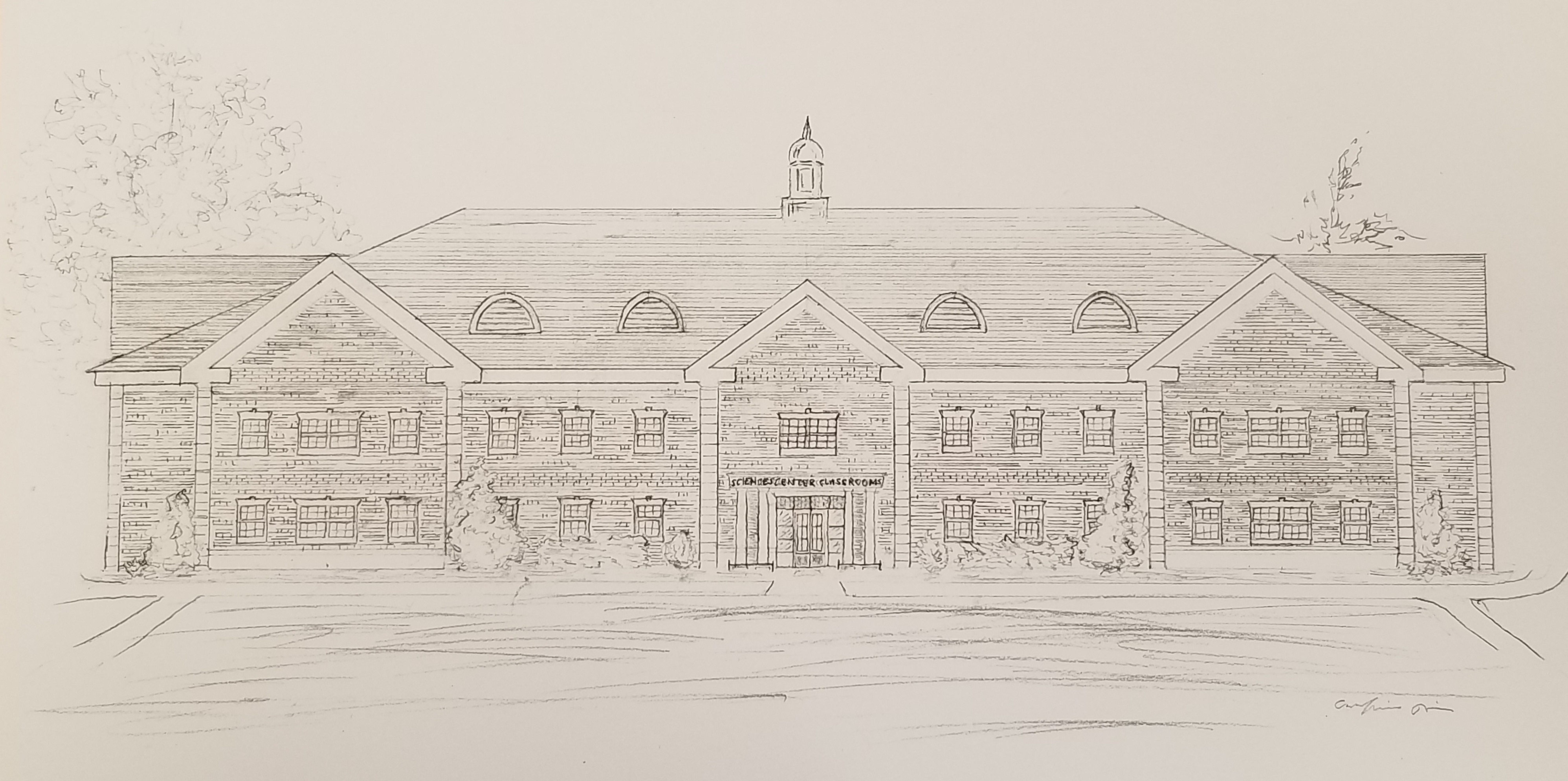 Drawing of the Sciences Center Classroom Building by COSAM student Caroline Norris