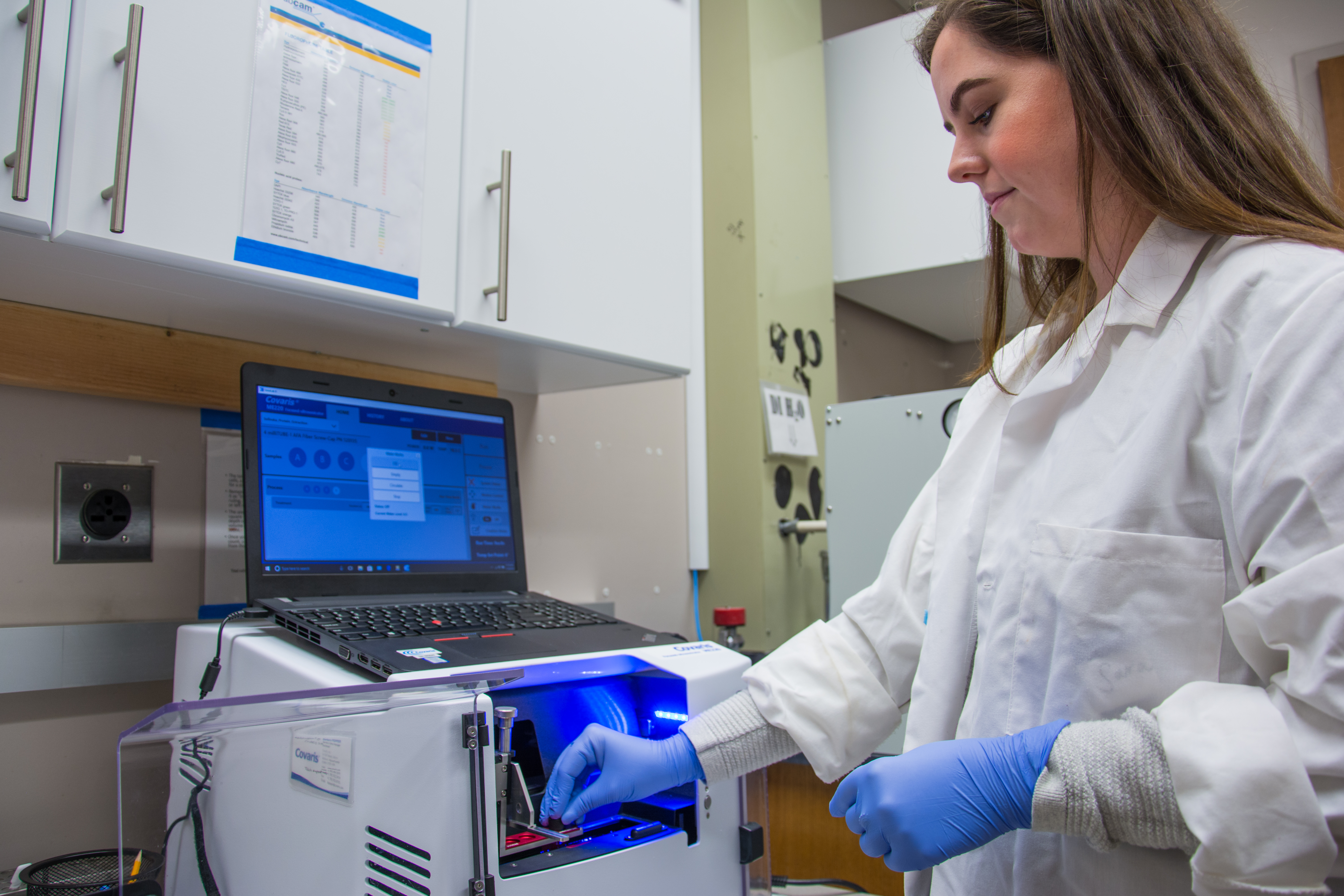 Ph.D. student Sarah Martin using equipment to analyze a sample. 