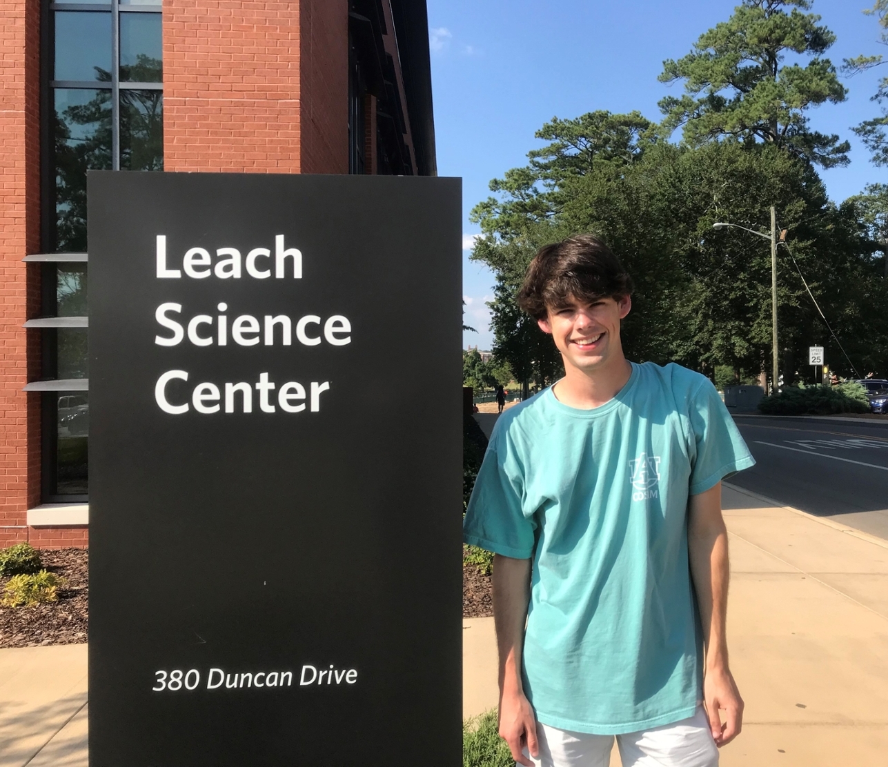 Davis Arthur in front of the new Leach Science Center.