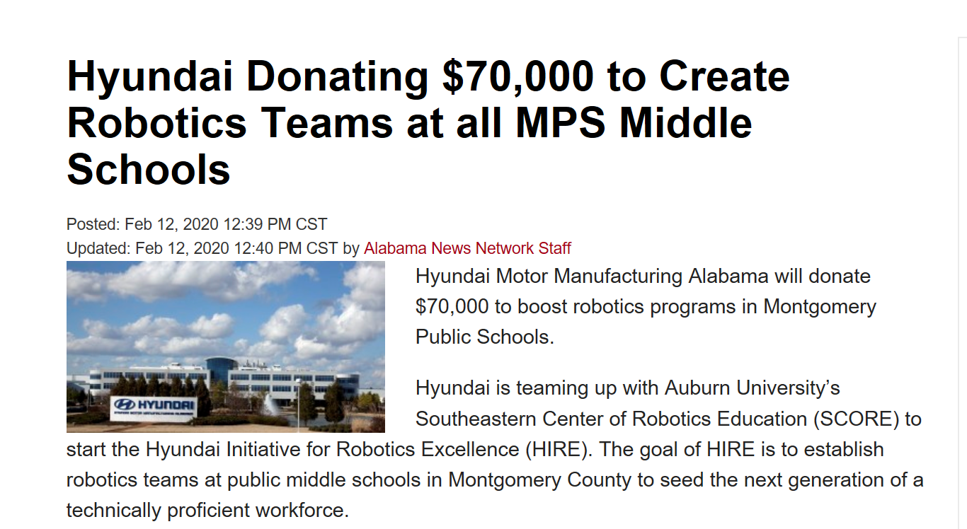 Hyundai Donating $70,000 to Create Robotics Teams at all MPS Middle Schools
