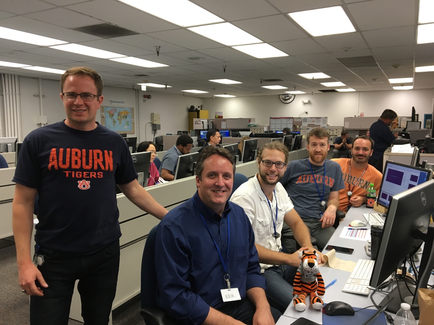 Auburn University researchers participating in an experiment at the DIII-D National Fusion Facility. From left to right: DIII-D Collaborator Tyler Abrams, Professor Stuart Loch, Graduate Student Curtis Johnson, Professor David Ennis, and Auburn Alumni Jeffrey Herfindal (now works full-time at DIII-D).