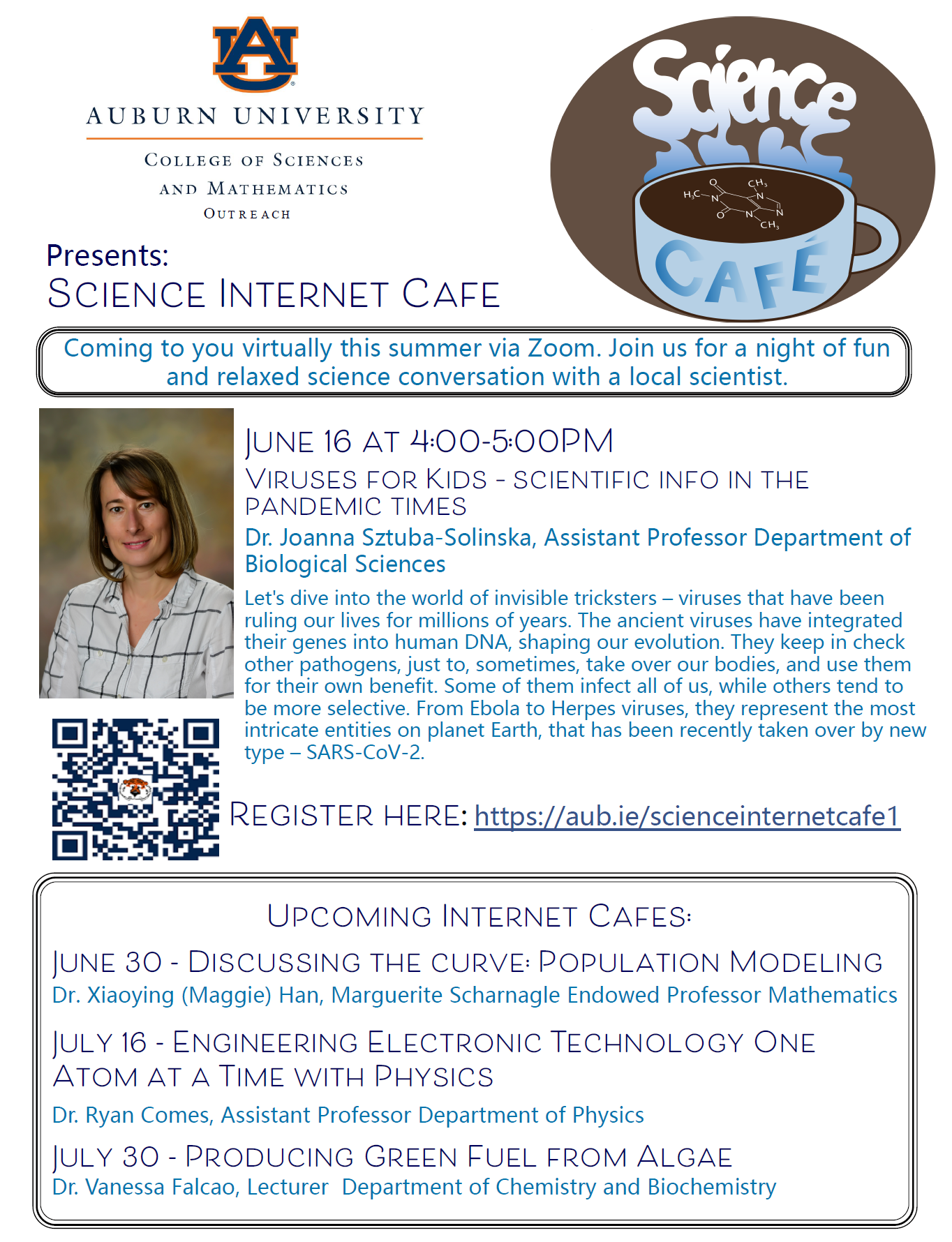 Join Joanna Sztuba-Solinska and COSAM Outreach at the June 16 Virtual Science Internet Café