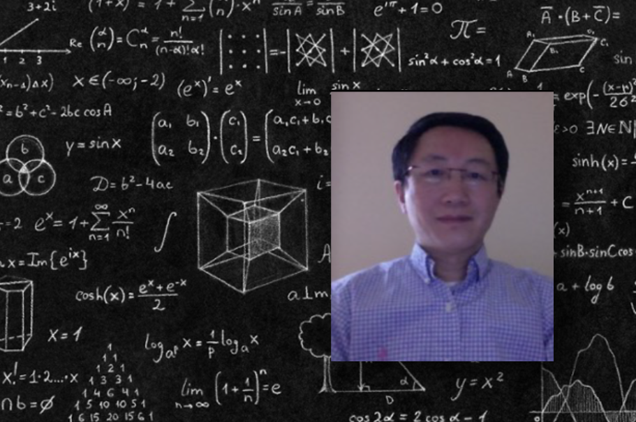 Math equations on a blackboard with a photo of Yanzhao Cao 