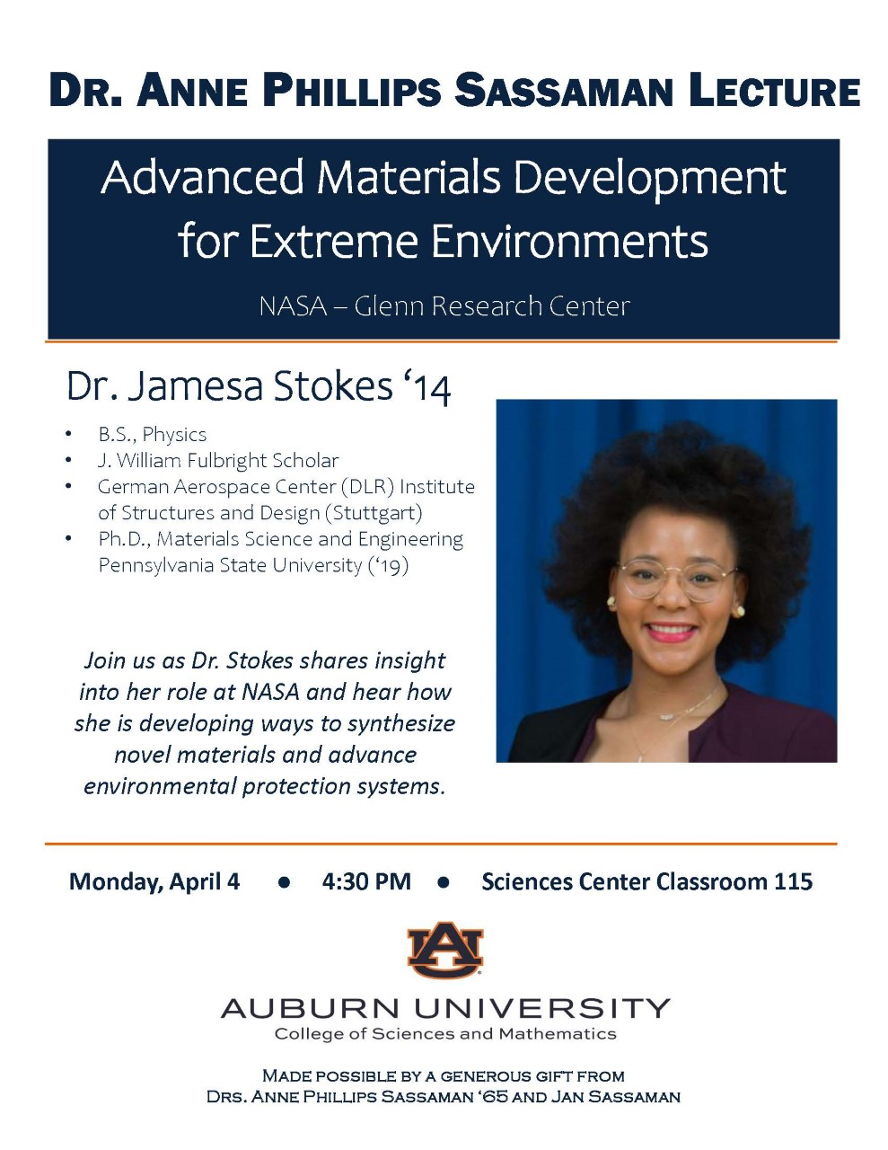 Dr. Anne Phillips Sassaman Lecture on April 4 at 4:30 p.m.