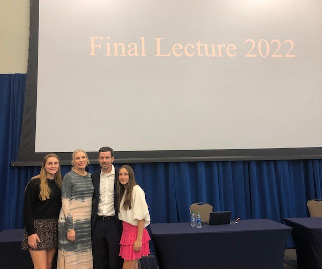 Matt Kearley, the non-majors general biology coordinator for the Department of Biological Sciences, delivered the 2022 Final Lecture on April 4. He is pictured here at the lecture with wife Jessica and stepdaughters Avery and Logan.