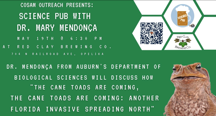 The Cane Toads are coming to Science Pub: May 19 at Red Clay Brewing Co.