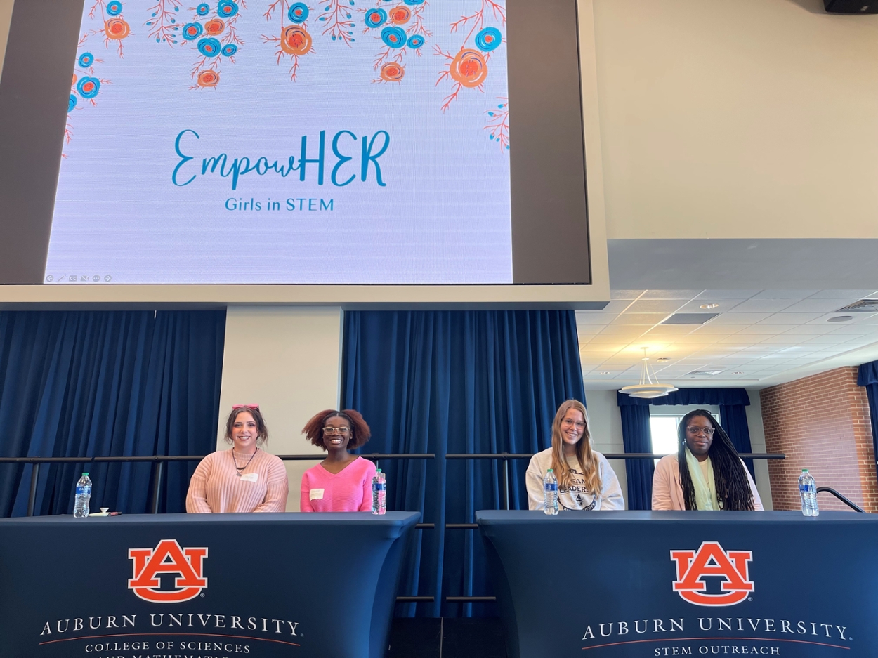 The EmpowHER panel included, left to right: Abby Frost, a fourth-year chemical engineering student; Caleah WIlliams, an undergraduate student majoring in biomedical sciences; Elizabeth Ledbetter, an undergraduate student majoring in biomedical sciences; Ashley Williams, a sixth-year graduate student in the Department of Biological Sciences.