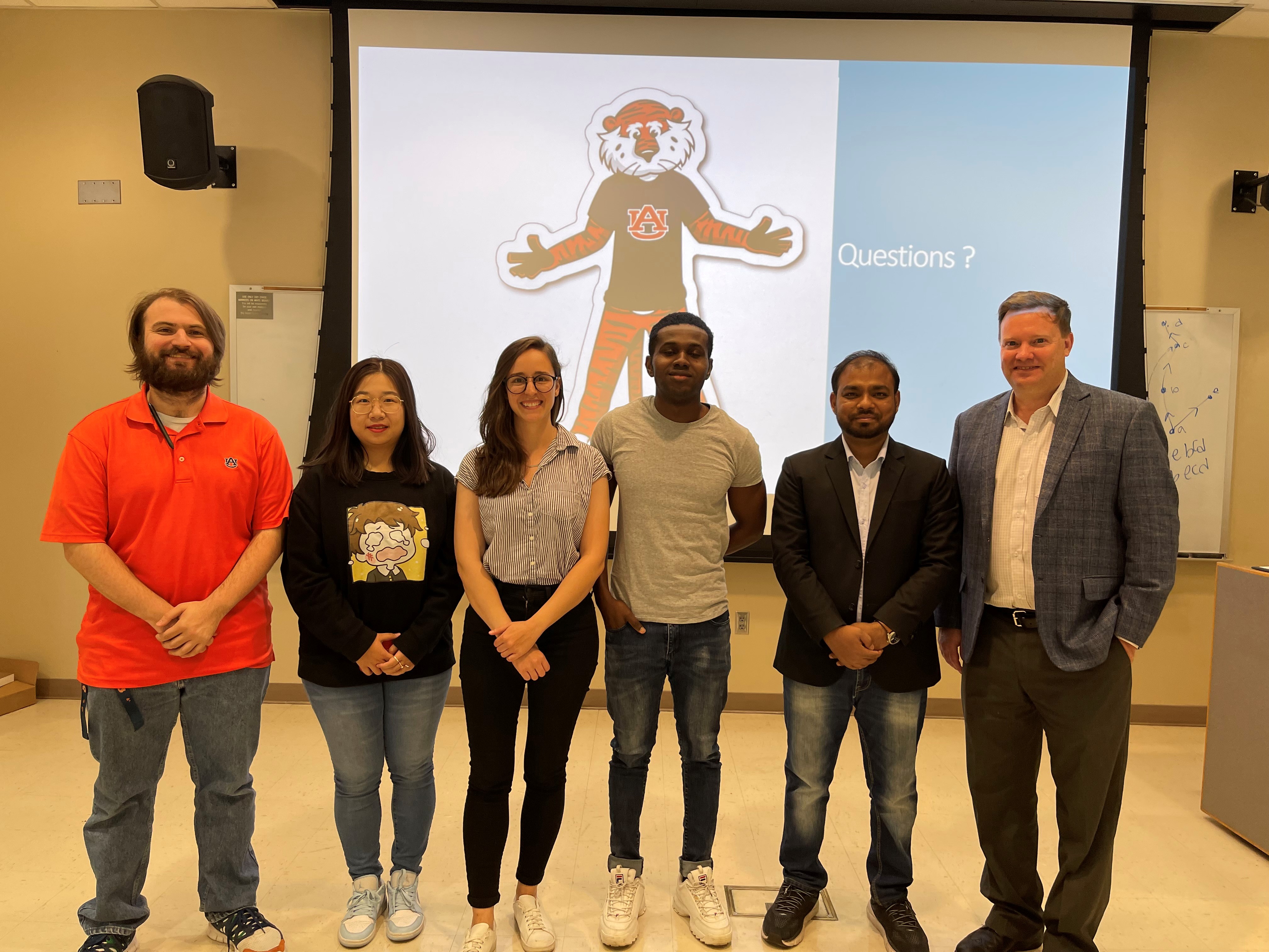 Left to right: Colby Muir, Yuyan Yi, Andresa Bezerra, Segun Obisesan, Md Riaz Uddin and Mark Liles at the the Graduate Student Research Forum.