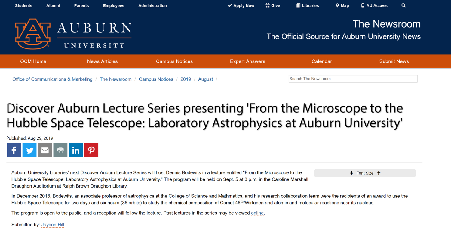 Discover Auburn Lecture Series Presenting 'From the Microscope to the Hubble Space Telescope: Laboratory Astrophysics at Auburn University'