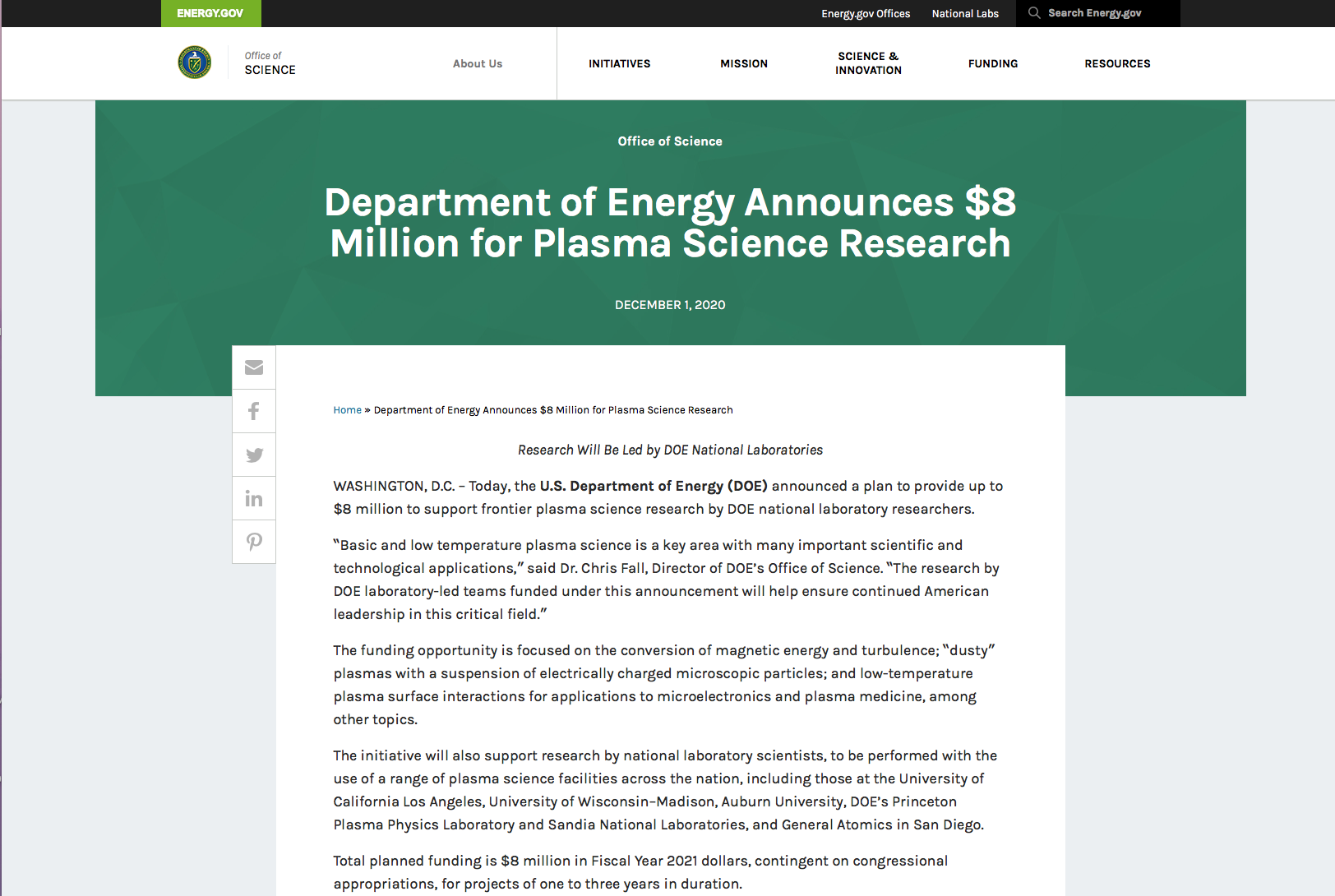 Department of Energy announces $8 million for plasma science research
