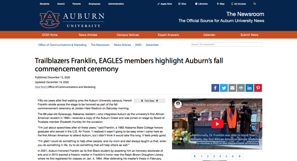 Trailblazers Franklin, EAGLES members highlight Auburn’s fall commencement ceremony