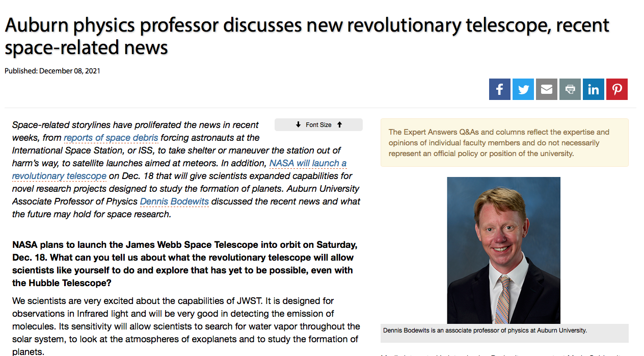 Auburn physics professor discusses new revolutionary telescope, recent space-related news