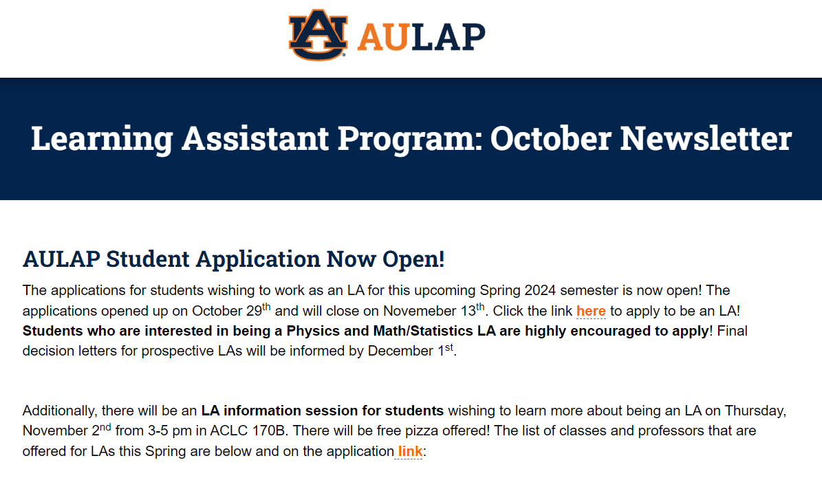 Learning Assistant Program: October Newsletter