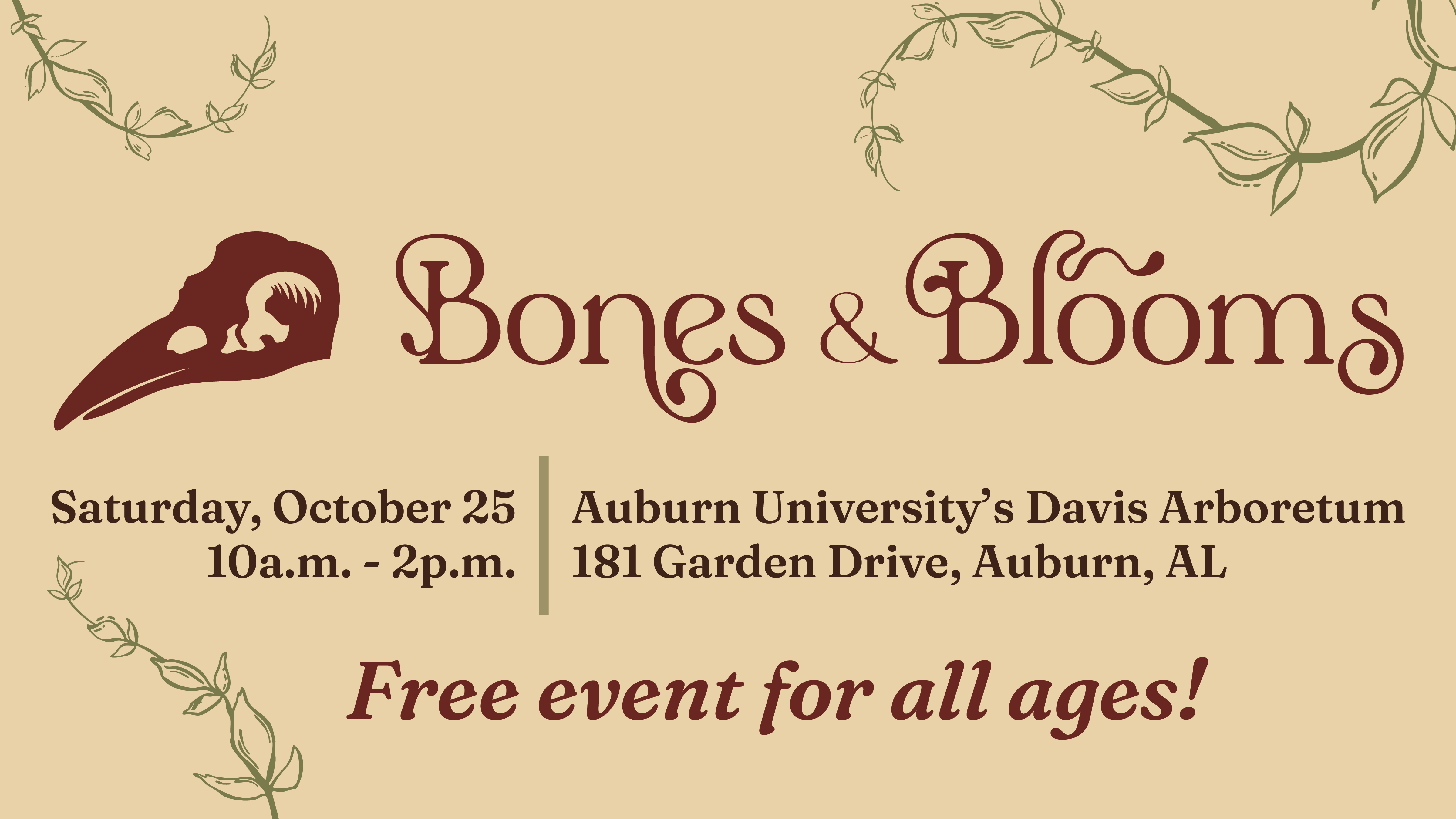 Image of event at Auburn University’s Davis Arboretum: Bones & Blooms — a free, family-friendly event featuring hands-on activities, animal skeletons, a bone dig and more. Learn about the science of bones, plants and wildlife from experts across the College of Sciences and Mathematics, the Davis Arboretum, the College of Veterinary Medicine and the Auburn University Museum of Natural History.