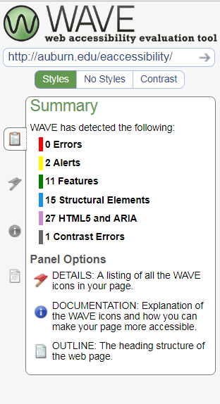 Accessibiltiy overview panel from WAVE