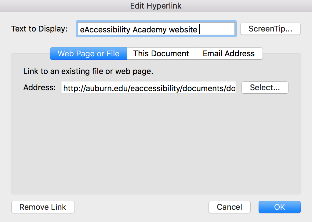 screenshot of writing descritpive text for links 