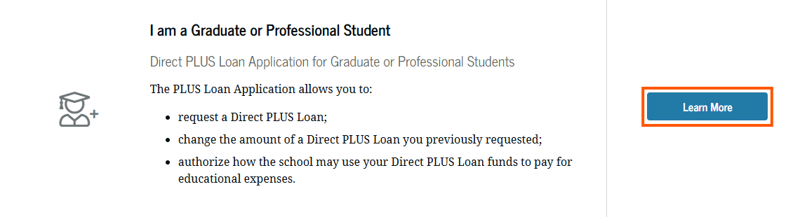 I am a Graduate or Professional Student section, highlighting the Learn More button