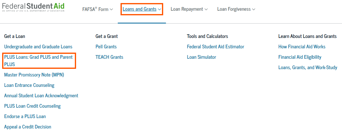 Loans and Grants dropdown menu, highlighting the PLUS loans option.