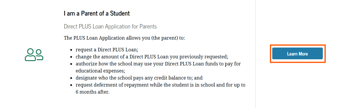 I am a Parent of a Student section, highlighting the Learn More button