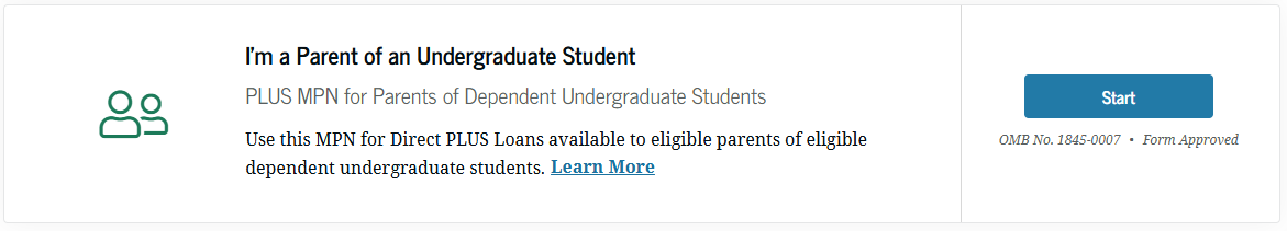 The image shows the option titled I'm a Parent of an Undergraduate Student