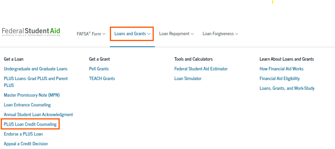 Loans and Grants dropdown menu, highlighting the PLUS Loan Credit Counseling option.