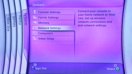 Xbox 360 Network Settings page with Edit Settings selected