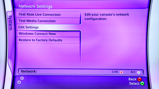 Xbox 360 system tab with Network Settings selected