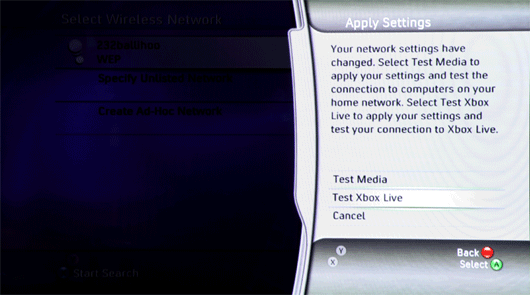 Apply Settings page with Test Xbox Live selected