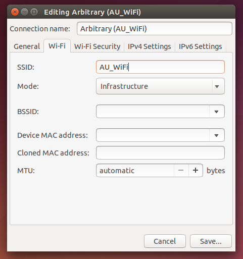 Connection name = arbitrary; SSID = AU_WiFi