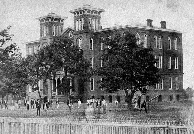 A photograph of the first building on campus